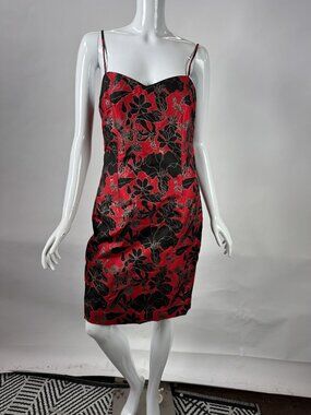 Red & Black Floral Spaghetti Strap Cocktail Dress Knee-Length Sleek Satin Finish